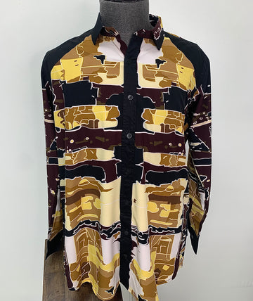 Multiple Print Brown Long Sleeve Button Up Shirt