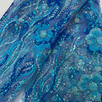 5 Yard Sapphire Blue Net W/ Floral Arrangements & Blue Sequin Designs