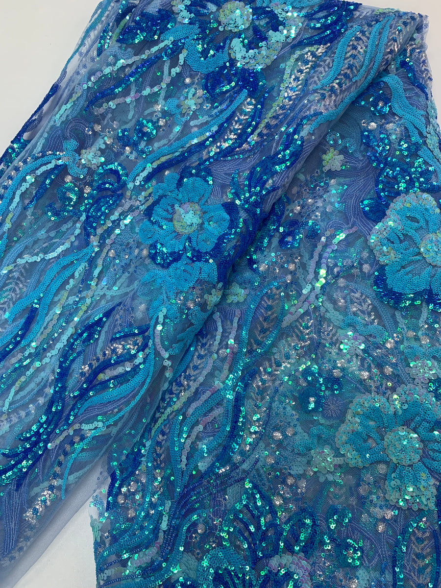 5 Yard Sapphire Blue Net W/ Floral Arrangements & Blue Sequin Designs