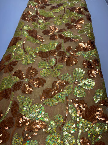 Copper Lace W/ Gold & Auburn Brown Flowers & Orange Trim | 5 Yards