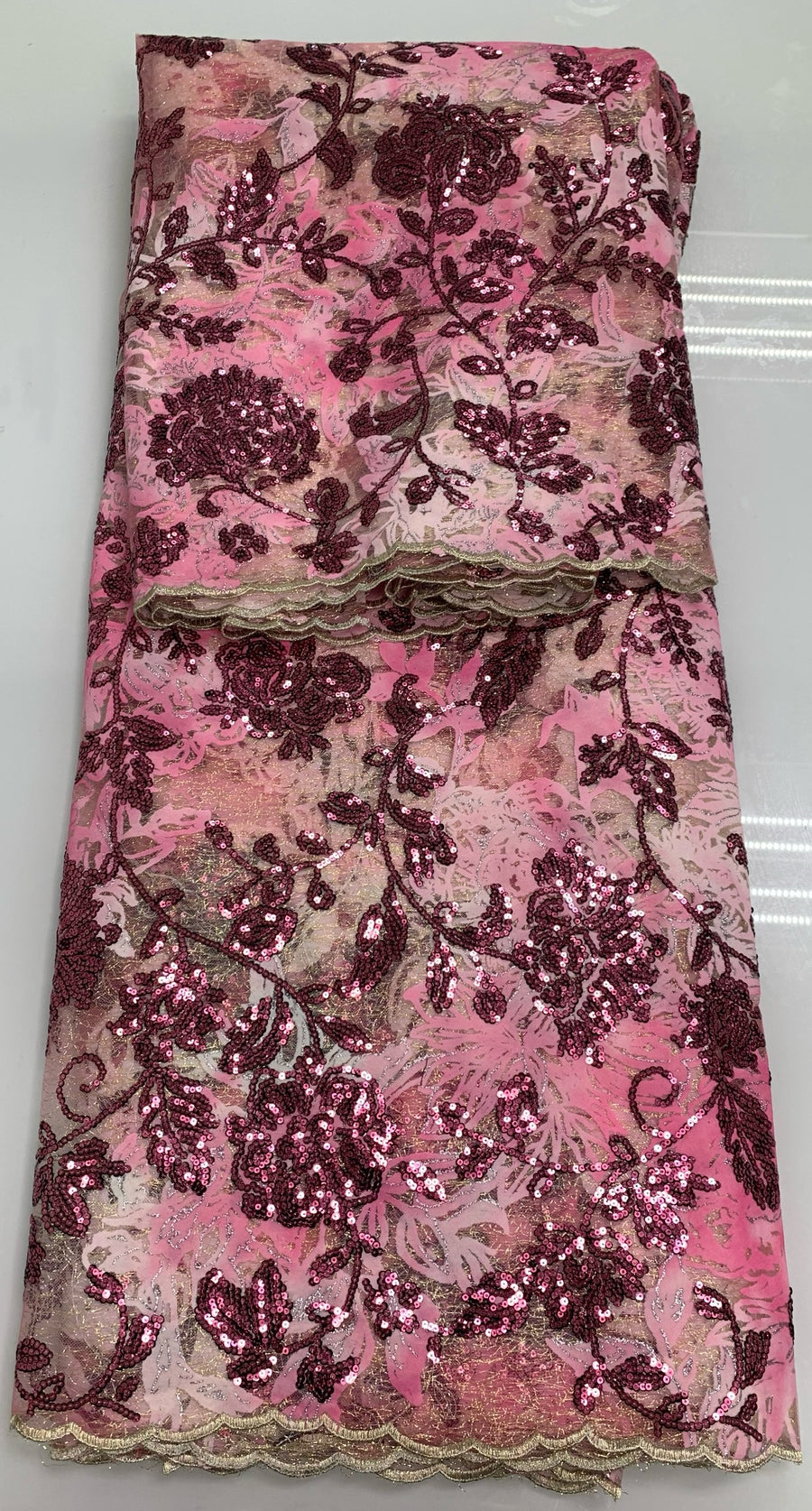 Pastel Pink Fabric W/ Dark Pink Sequin Flower Details & Gold Trim| 5 Yards