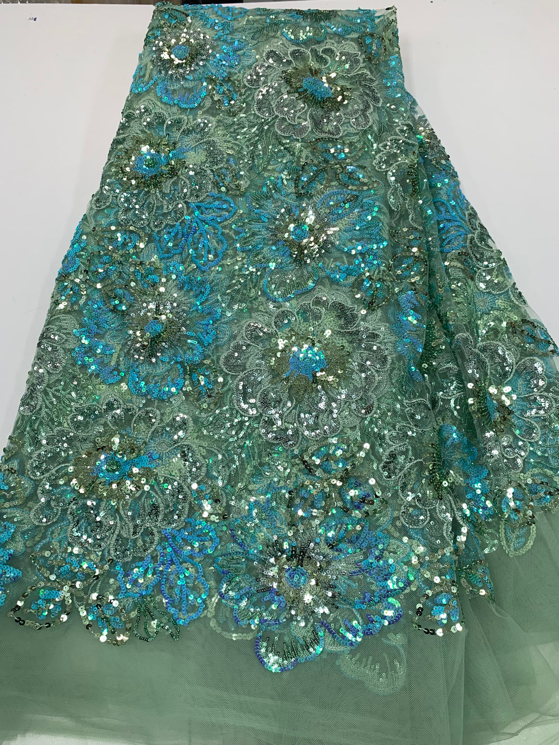 5 Yard Light Green Net W/ Blue Flower Embroidery & Silver Sequins