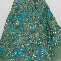 5 Yard Light Green Net W/ Blue Flower Embroidery & Silver Sequins