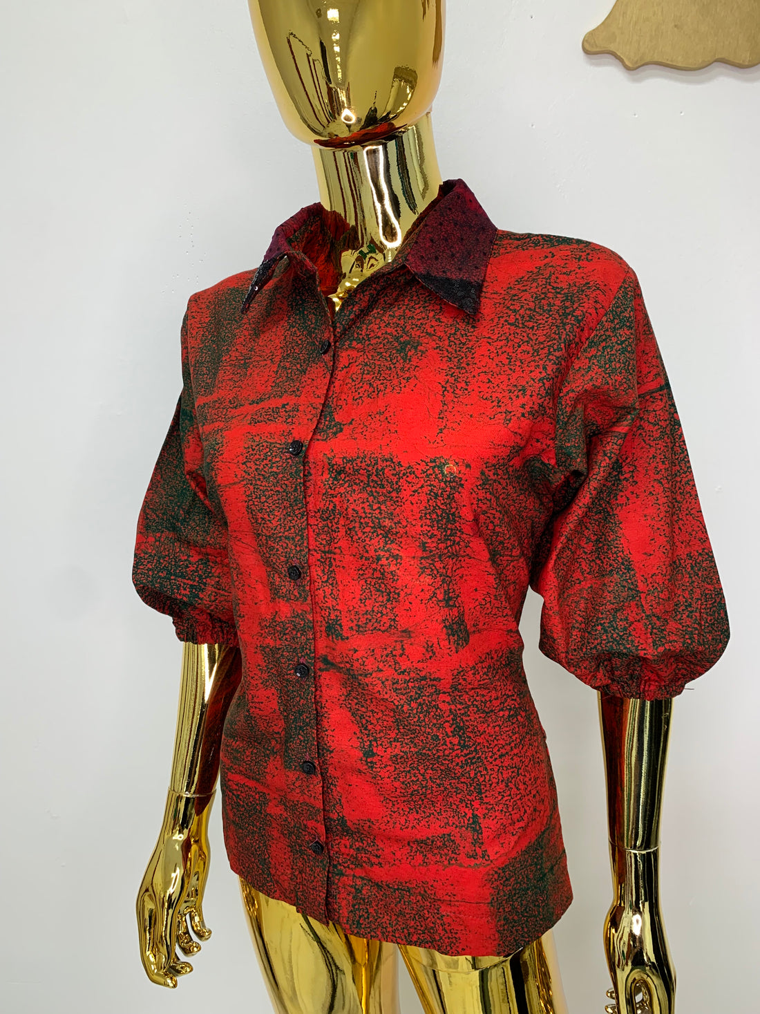 Bright Red Batik Shirt W/ Burgundy Polka-Dot Black Sequin Collar