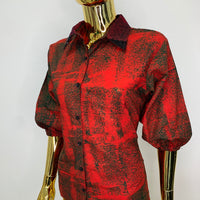 Bright Red Batik Shirt W/ Burgundy Polka-Dot Black Sequin Collar