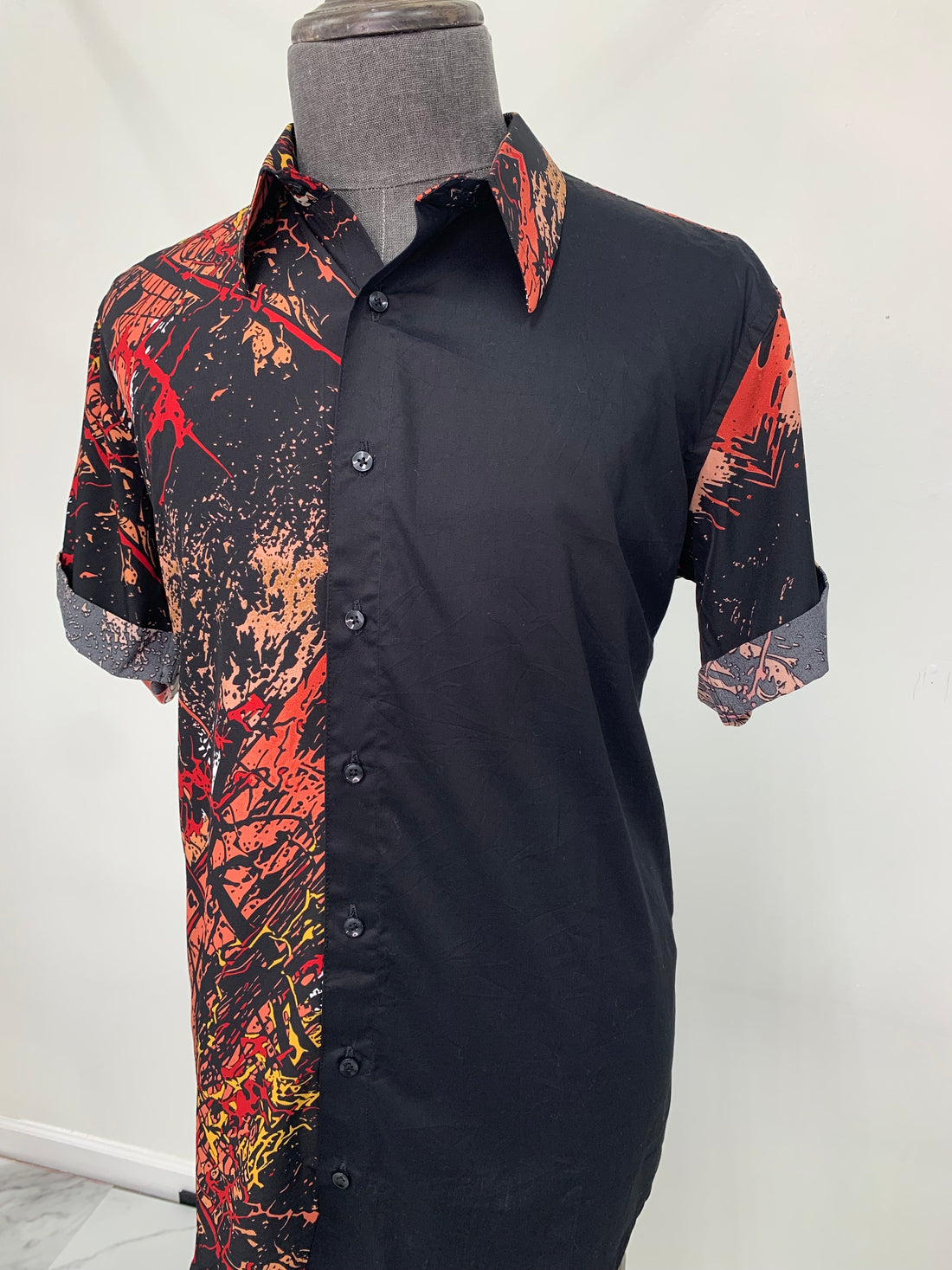 Half & Half Red Splatter Button Up Short Sleeve Top