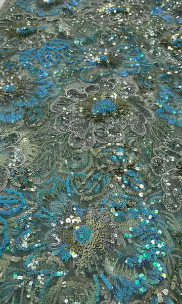 Light Sage Green Lace Fabric W/ Baby Blue Flower Sequin Details| 5 Yards