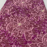 Grape Purple Lace Fabric W/ Pink Purple & Gold Details And Gold Trim|5 Yards