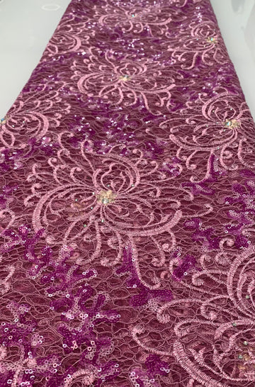 Grape Purple Lace Fabric W/ Pink Purple & Gold Details And Gold Trim|5 Yards