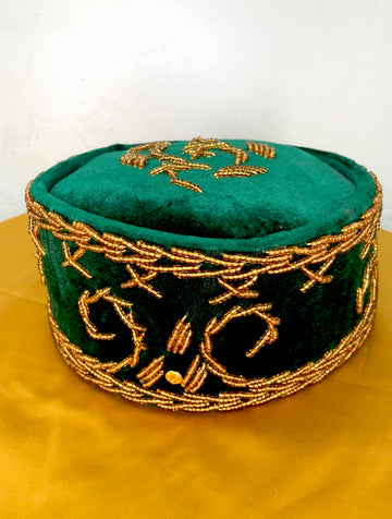 Dark Green & Gold Embroidered African Mens Hat Cap