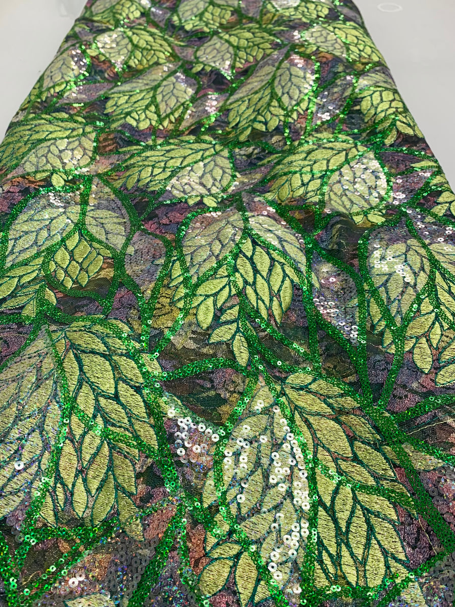 Dark Green Fabric W/ Light Green Leaf Designs & Light Green Trim| 5 Yards