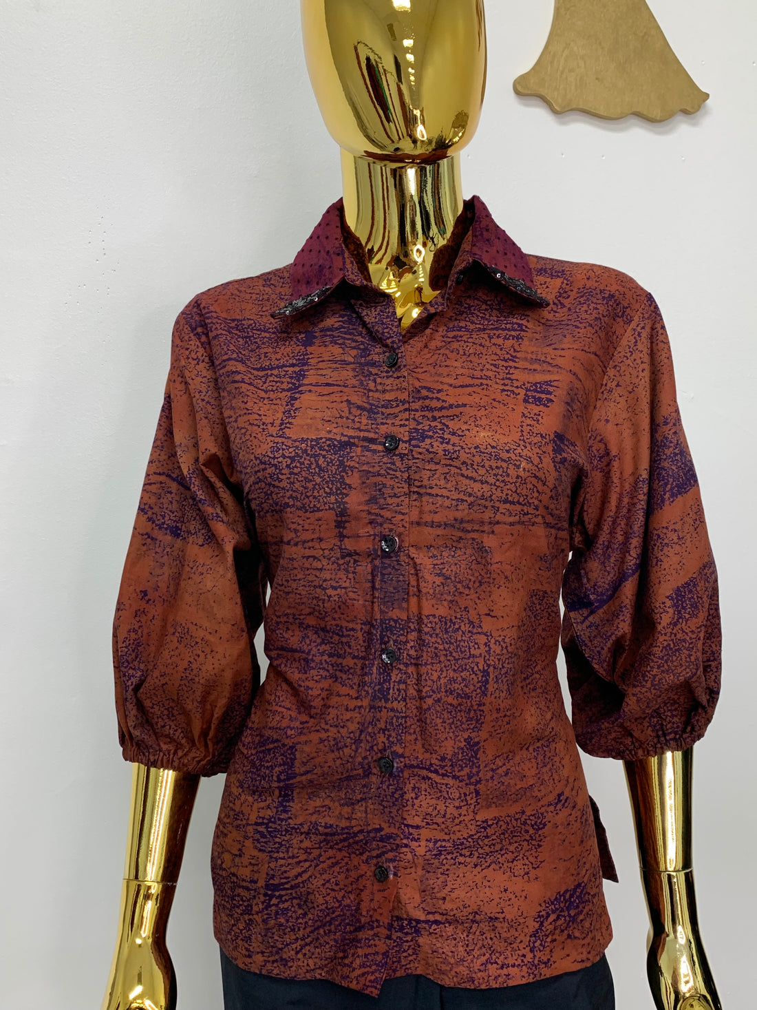 Auburn Brown Batik Shirt W/ Polka-Dot Black Sequin Collar