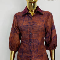 Auburn Brown Batik Shirt W/ Polka-Dot Black Sequin Collar