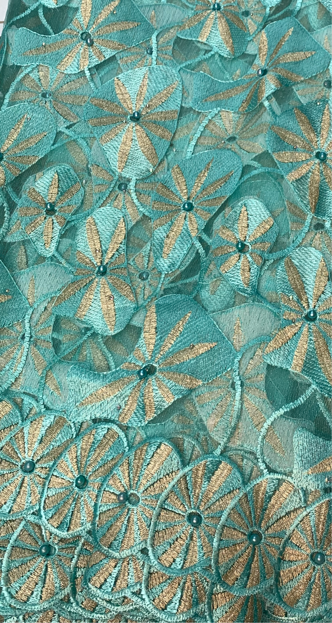 Teal Blue Lace W/ Gold Accents & Beaded Embroidery