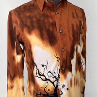 Brown Long Sleeve Button Up Shirt W/ Black Tree Graphics