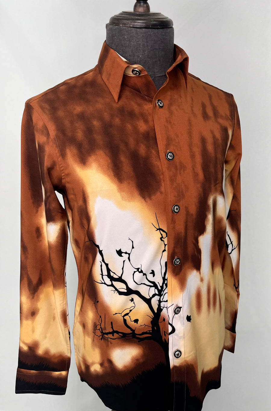 Brown Long Sleeve Button Up Shirt W/ Black Tree Graphics