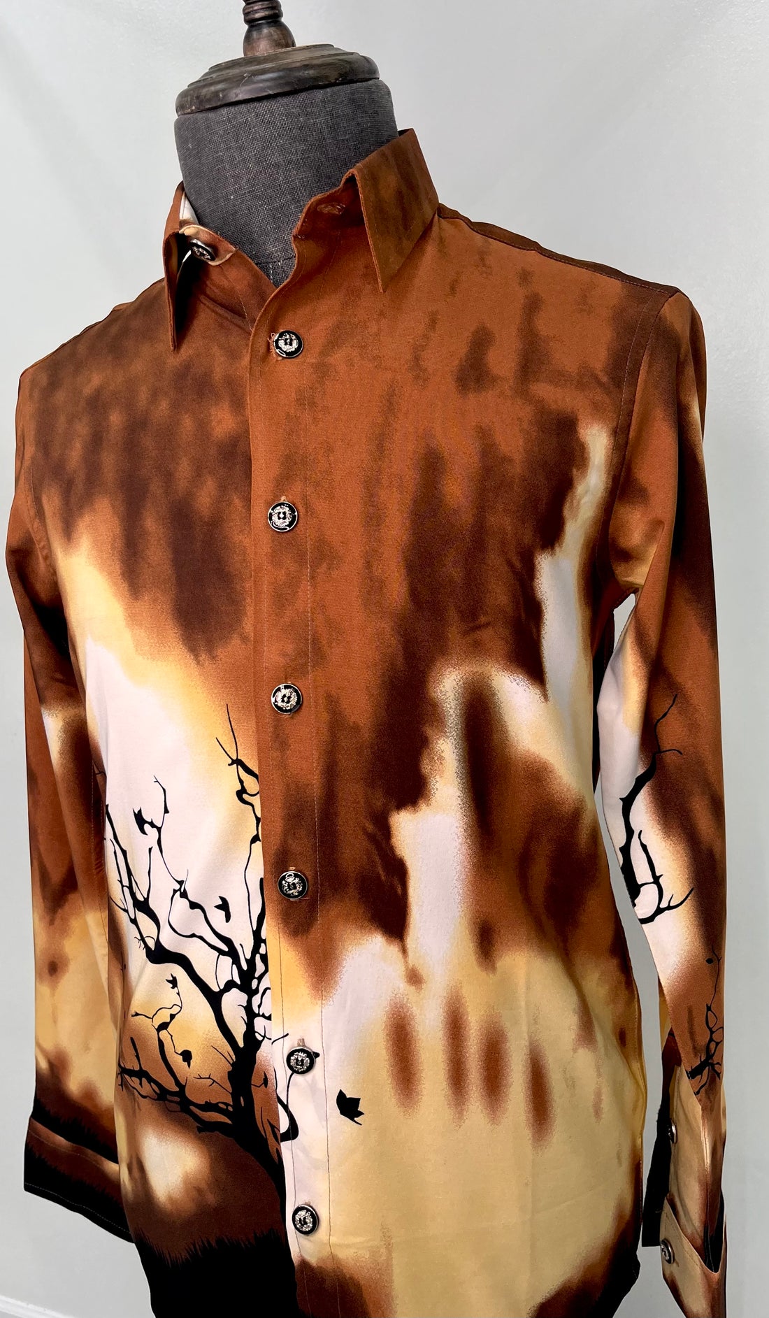 Brown Long Sleeve Button Up Shirt W/ Black Tree Graphics