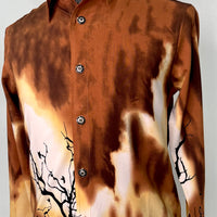 Brown Long Sleeve Button Up Shirt W/ Black Tree Graphics