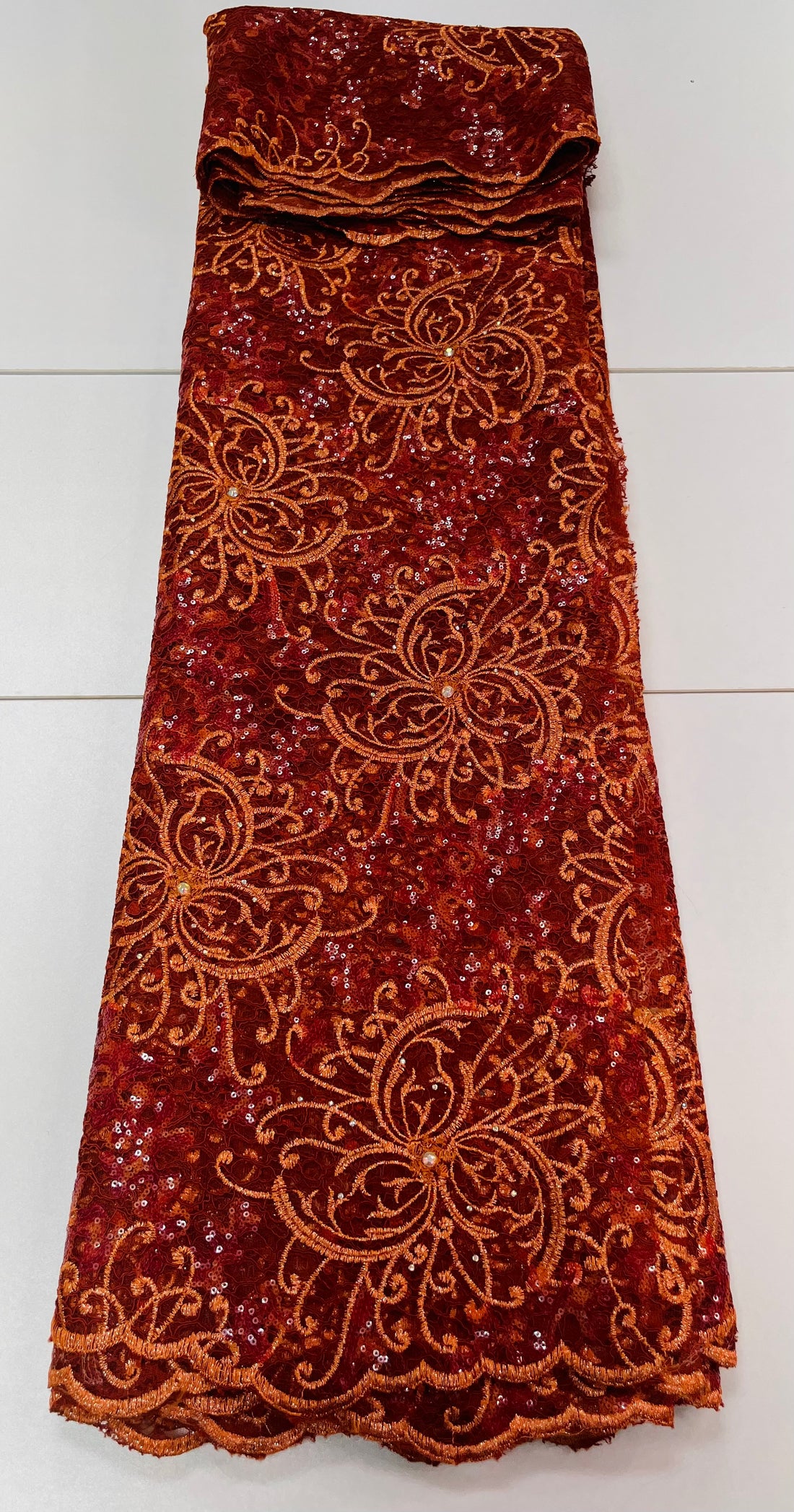 Auburn Red Lace W/ Orange Trim & Floral Designs