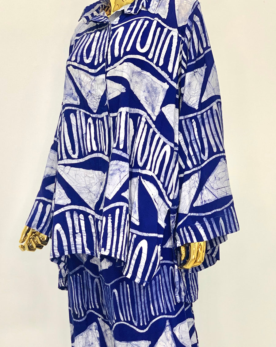 White & Blue Stripped Print 2-Piece Batik Set W/ Open Back