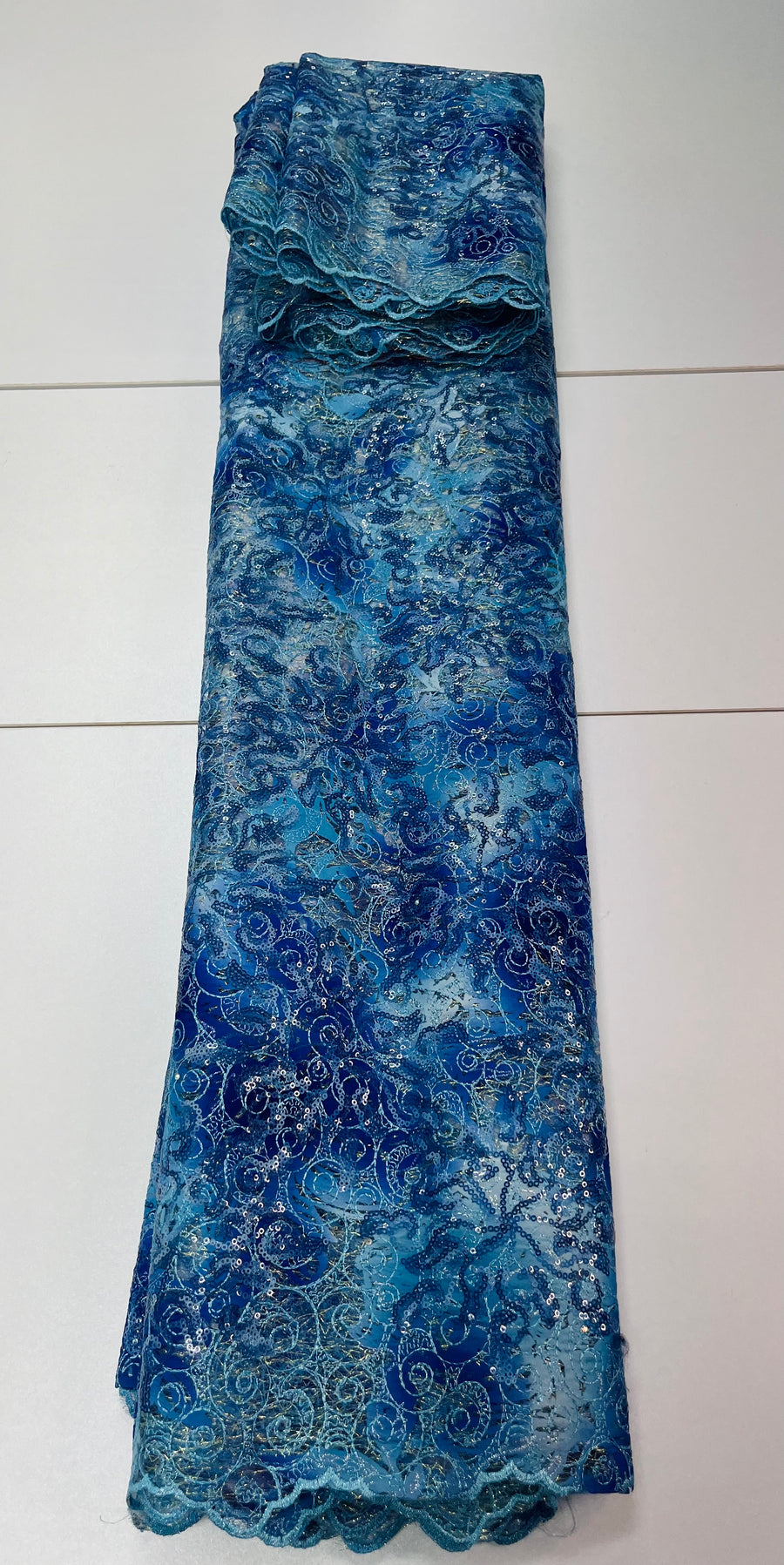 Ultramarine Blue Swirl Lace Fabric w/ Silver Sequin Details