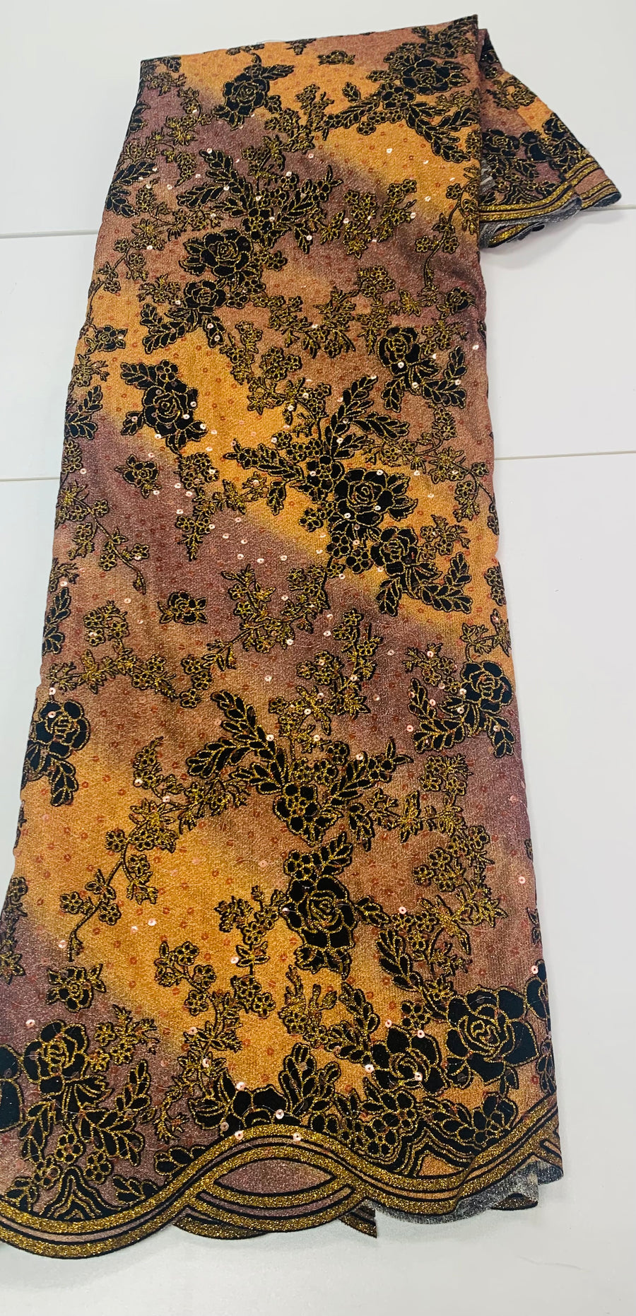 Bronze Lace Fabric W/ Gold Trim & Black Flower Details