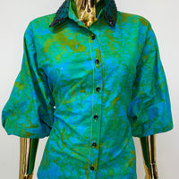 Spring Green Batik Shirt W/ Dark Green Polka-Dot Black Sequin Collar