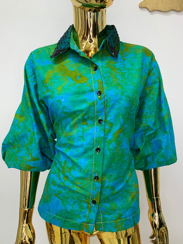 Spring Green Batik Shirt W/ Dark Green Polka-Dot Black Sequin Collar