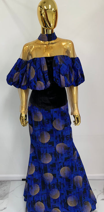 Royal Blue Puffed Top Batik Dress W/ Collared Neckline