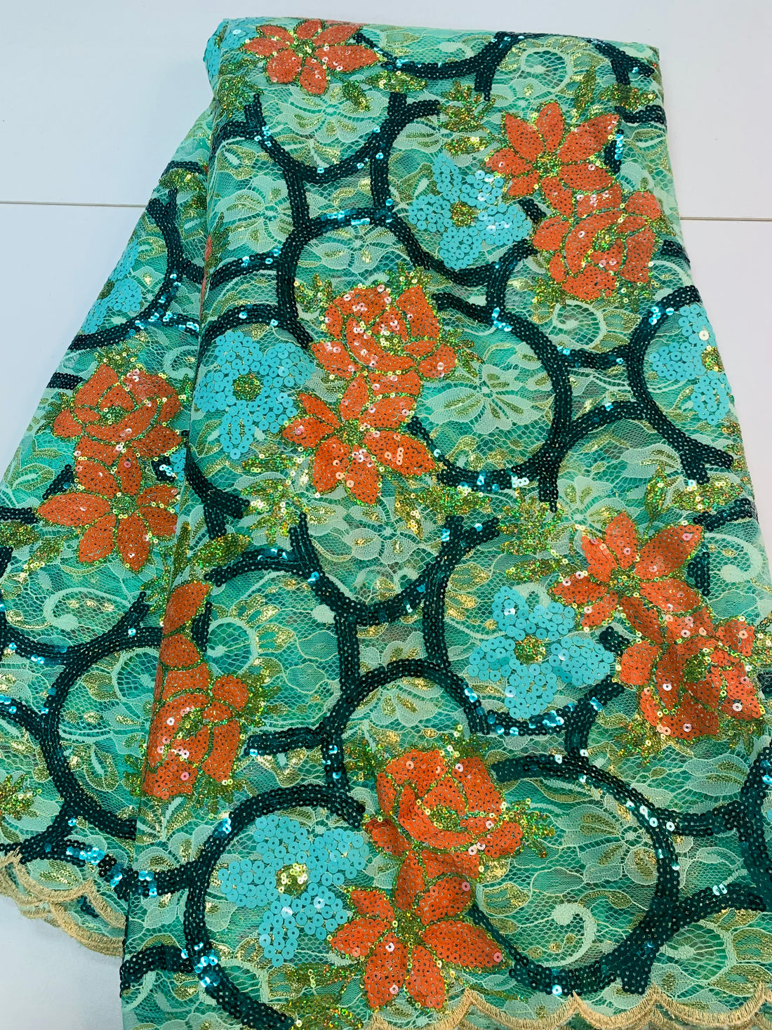 5 Yard Seafoam Green Lace W/ Orange & Blue flower Sequin Design