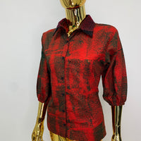 Bright Red Batik Shirt W/ Burgundy Polka-Dot Black Sequin Collar