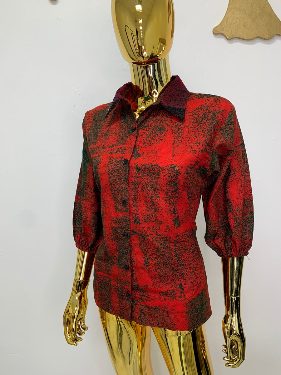 Bright Red Batik Shirt W/ Burgundy Polka-Dot Black Sequin Collar