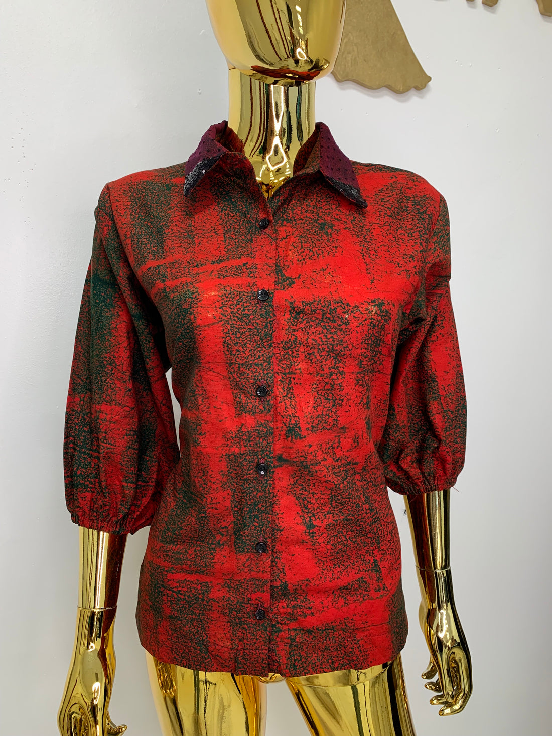 Bright Red Batik Shirt W/ Burgundy Polka-Dot Black Sequin Collar