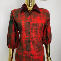 Bright Red Batik Shirt W/ Burgundy Polka-Dot Black Sequin Collar