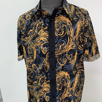 Blue & Gold Swirl Design Button Up Short Sleeve Shirt