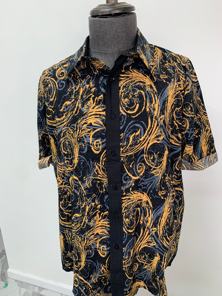 Blue & Gold Swirl Design Button Up Short Sleeve Shirt