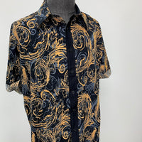 Blue & Gold Swirl Design Button Up Short Sleeve Shirt