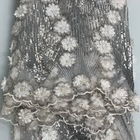 Silver Sequin Sparkly White Flower Fabric W/ Silver Trim | 5 Yards