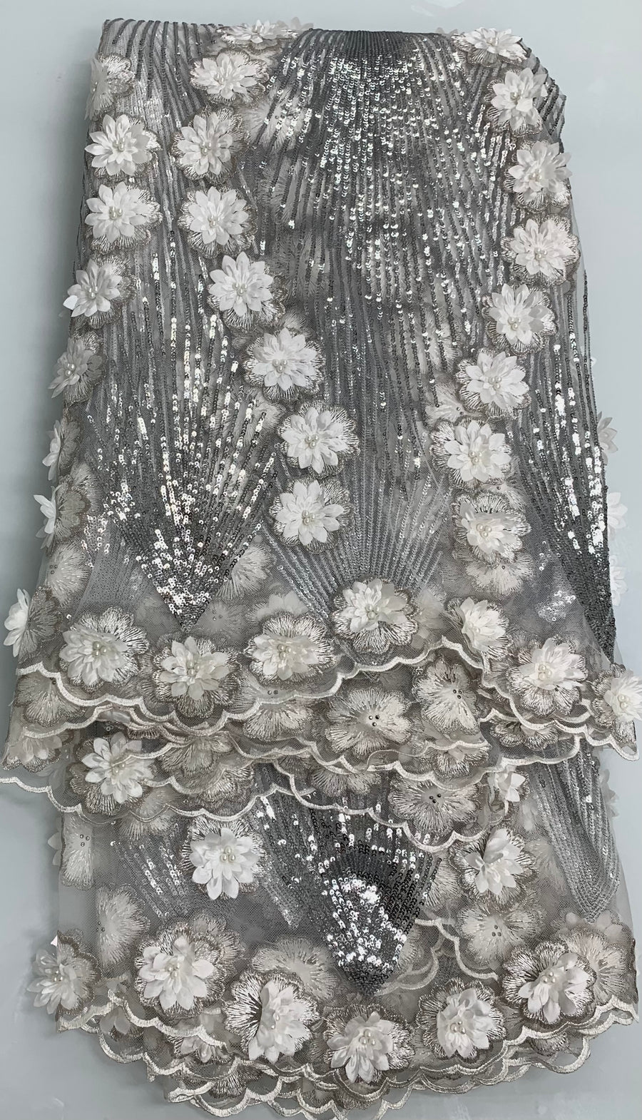 Silver Sequin Sparkly White Flower Fabric W/ Silver Trim | 5 Yards