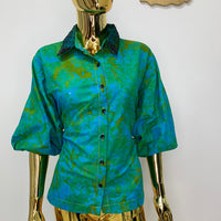 Spring Green Batik Shirt W/ Dark Green Polka-Dot Black Sequin Collar