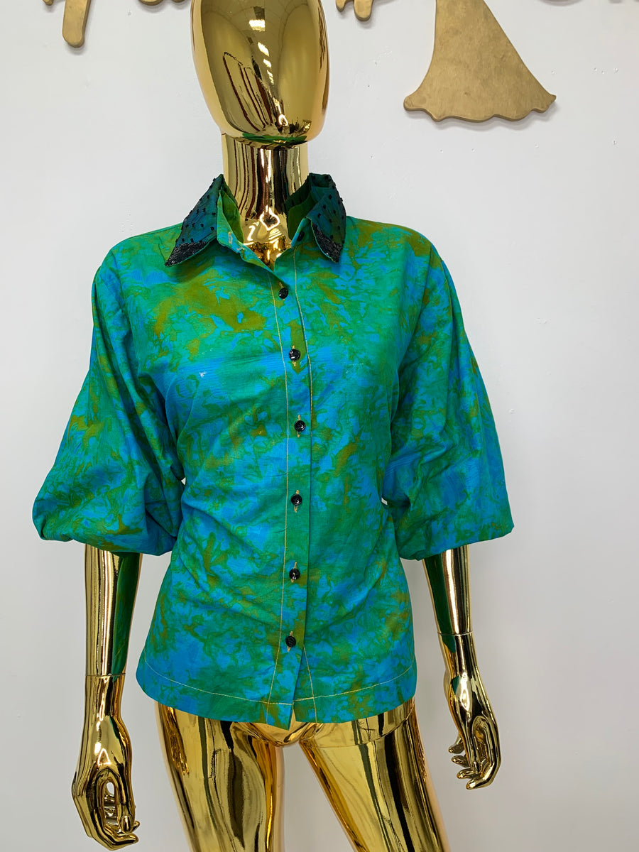 Spring Green Batik Shirt W/ Dark Green Polka-Dot Black Sequin Collar