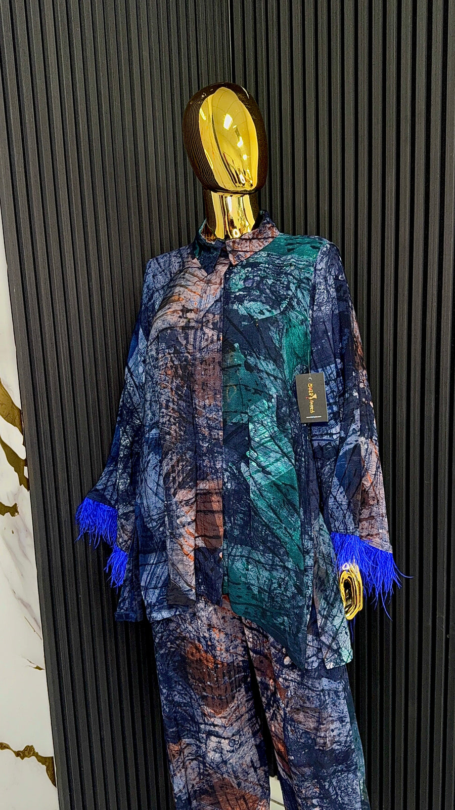 Agbonma Navy Blue Feather Sleeves 2-Piece Set