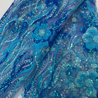 5 Yard Sapphire Blue Net W/ Floral Arrangements & Blue Sequin Designs