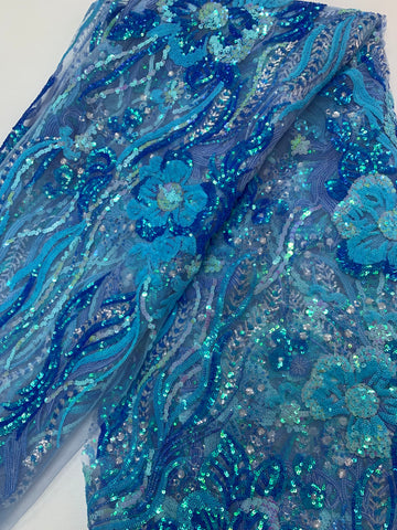 5 Yard Sapphire Blue Net W/ Floral Arrangements & Blue Sequin Designs