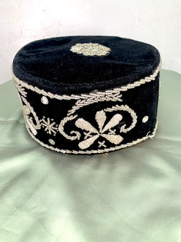 Black & Silver Beaded Embroidered Velvet African Mens Cap