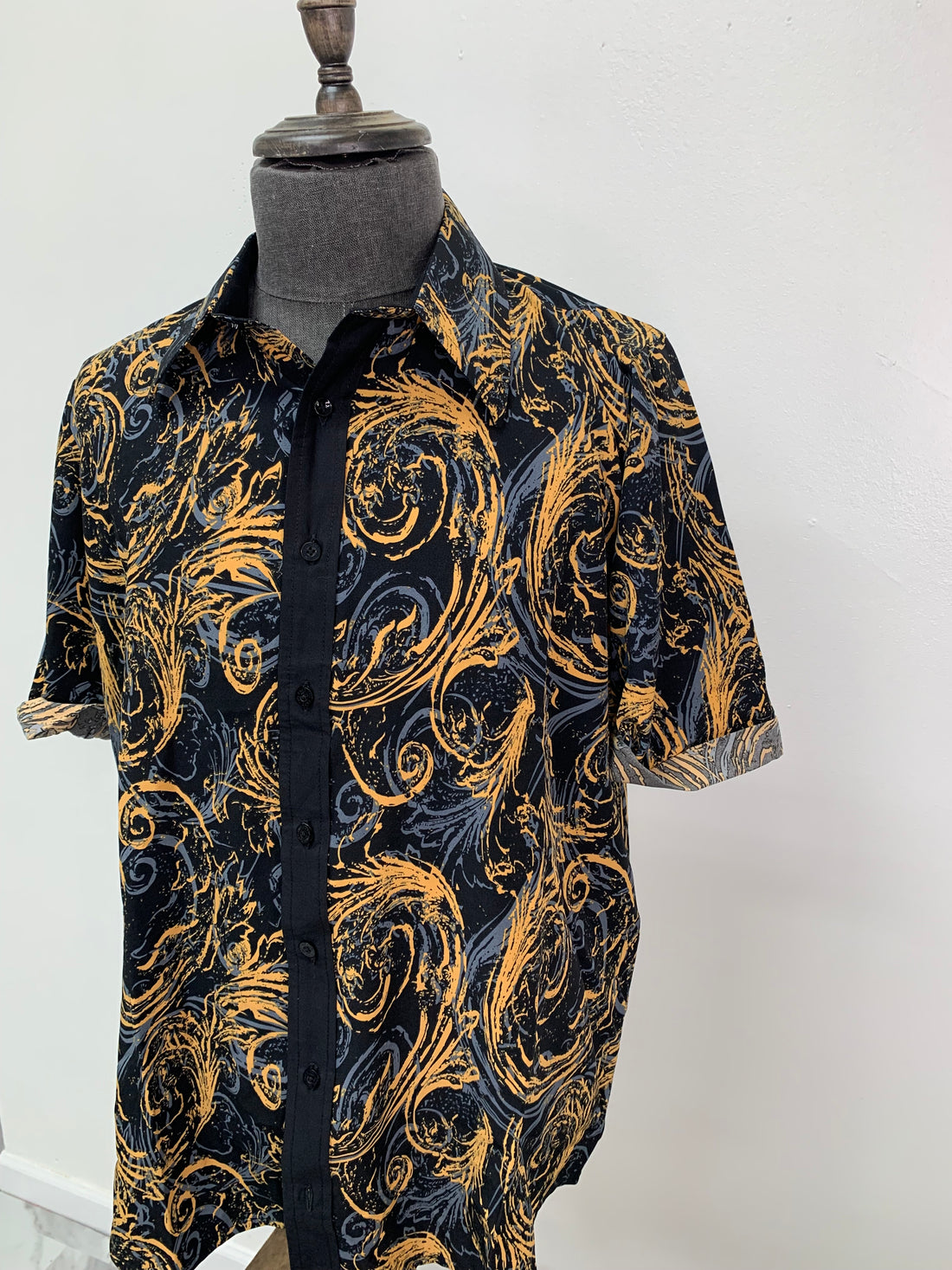 Blue & Gold Swirl Design Button Up Short Sleeve Shirt