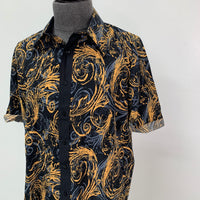 Blue & Gold Swirl Design Button Up Short Sleeve Shirt