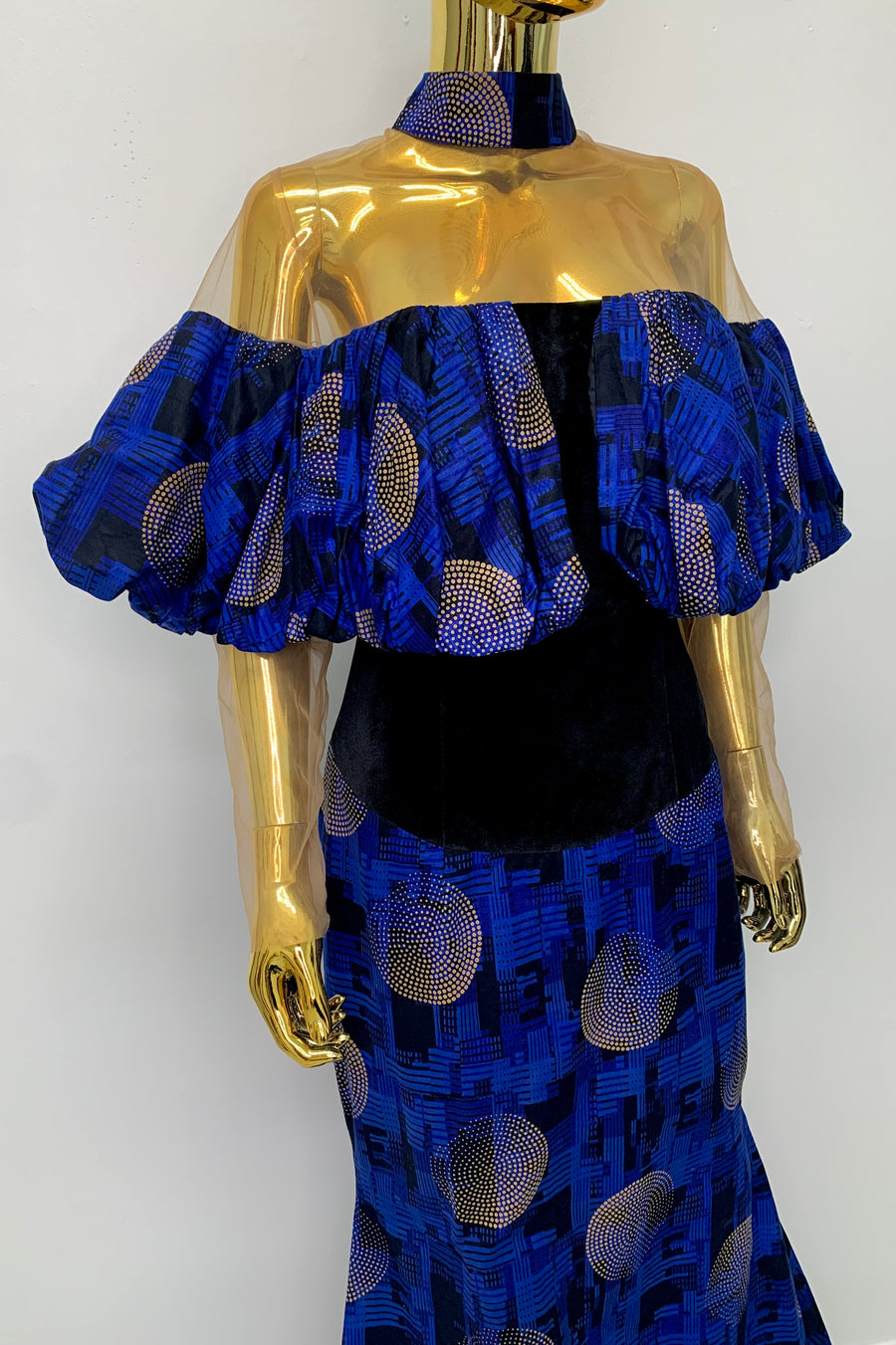 Royal Blue Puffed Top Batik Dress W/ Collared Neckline