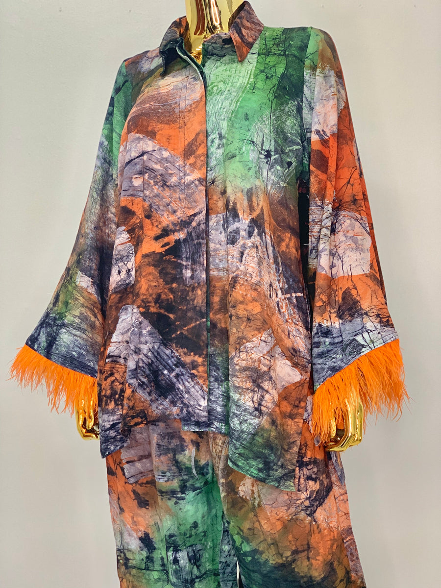 Orange Feathered Multicolored 2-Piece Batik Set