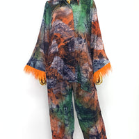 Orange Feathered Multicolored 2-Piece Batik Set